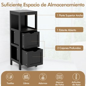 Armário para casa de banho com gavetas de arrumação 30 x 30 x 89 cm, com 2 gavetas extraíveis, lateral estreita,  preto