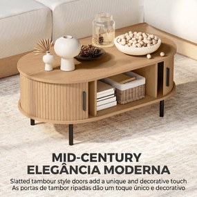 Mesa de Centro com Portas Deslizantes Mesa de Café Oval com Armazenamento Oculto 100x55x40 cm Natural