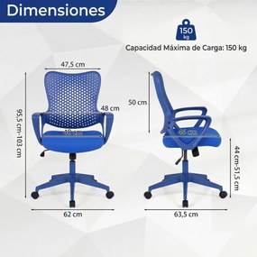 Cadeira de escritório ergonómica com braços, almofada acolchoada e encosto respirável, modelo «Borboleta», para estudar e trabalhar, azul