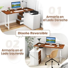 Secretária em forma de L 138 x 104 x 74 cm com arquivo e tomada elétrica com 3 gavetas Castanho e Branco