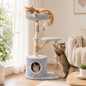 Arranhador para Gatos, 56 x 41 x 105 cm, Tronco em Madeira Natural de Pereira, Cinzento