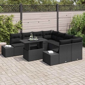 Conjunto de Sofá de Jardim de 9 Peças com Almofadas Preto em Rattan Si