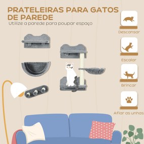 Prateleiras de Parede para Gatos 4 Peças com Rede Plataforma Semicircular Plataformas de Salto e Poste de Sisal Cinza
