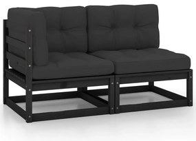 2 pcs conjunto lounge jardim c/ almofadões pinho maciço preto