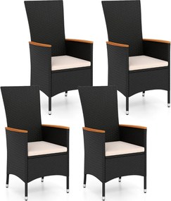 Conjunto de 4 cadeiras de jardim em rattan com encosto alto (MESA NÃO INCLUIDA), braços em madeira de acácia e almofada macia para terraço, alpendre o