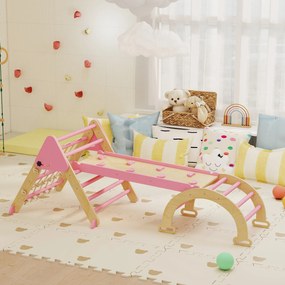 Triângulo de escalada infantil 8 em 1 com rampa de dupla face, arco de escalada em madeira com escorrega e escada, cor-de-rosa