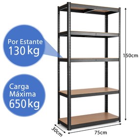 Estante metálica 5 prateleiras para organização de ferramentas 75 x 30 x 150 cm Preta