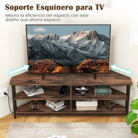 Móvel canto para TV para TVs até 65'' com Tomadas e portas USB, estrutura metálica e estantes Castanho