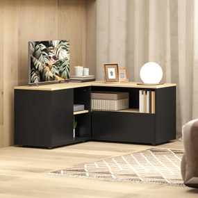 Móvel de TV de canto com banco para televisores até 40 polegadas, com 2 armários e 3 compartimentos abertos, 90 x 90 x 45 cm, em carvalho e preto