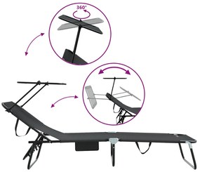 Espreguiçadeiras Dobráveis 2 pcs com Toldo Preto Tecido Oxford 600D