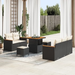 Conjunto de Sofá de Jardim vidaXL de 8 Peças com Almofadas Preto Vime Acácia