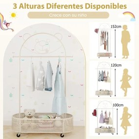 Guarda roupa para crianças com 3 alturas ajustáveis com rodas Armarios de livros de histórias com cesto Branco