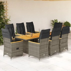 9 pcs conjunto de jantar p/ jardim c/ almofadões vime PE cinza