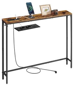 Mesa consola estreita com estação de carregamento e ganchos 15 x 100 x 80 cm Castanho vintage + Preto