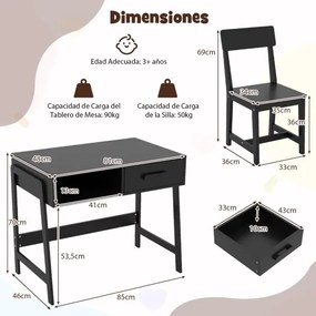 Conjunto de secretária e cadeira para crianças com gaveta e estante Preta