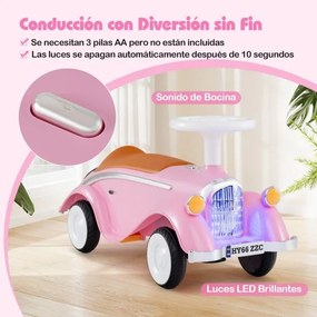 Andador carro clássico com volante, buzina, luz LED e espaço de armazenamento sob o assento para crianças de 19 a 36 meses Rosa