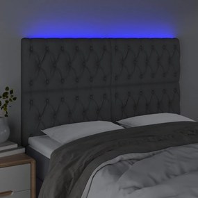 Cabeceira de cama c/ LED tecido 144x7x118/128 cm cinza-escuro