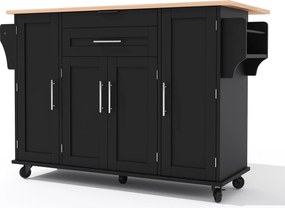 Ilha de cozinha móvel com gaveta oculta para talheres, prateleiras reguláveis, prateleira para especiarias e suporte para toalhas, 136x45/70x92 cm, Preto+Cor natural| AOSOM Portugal
