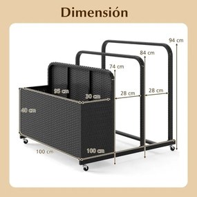 Organizador de armazenamento 100 cm x 100 cm x 94 cm Exterior para boias de piscina em vime para exterior Cesto caddy com rodas Preto