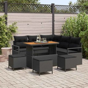 Conjunto de Sofá de Jardim vidaXL de 9 Peças com Almofadas Preto Rattan Acácia