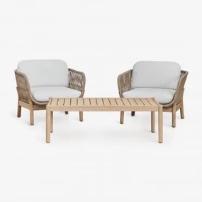 Conjunto De Jardim Com 2 Poltronas E Mesa De Centro Em Madeira De Acácia E Corda Trançada Karvia Tecido Gardénia Branco - Sklum