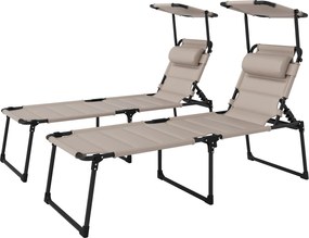 Conjunto de 2 espreguiçadeiras dobráveis de grande conforto, com encosto e capota ajustáveis em várias posições, cor cáqui