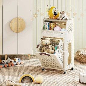 Cesto de roupa suja 44 x 29,5 x 78 cm com rodas dobrável com várias camadas, estante superior, recipiente e ganchos organizadores bege