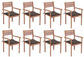 vidaXL Cadeiras de jardim empilháveis c/ almofadões 8 pcs teca maciça
