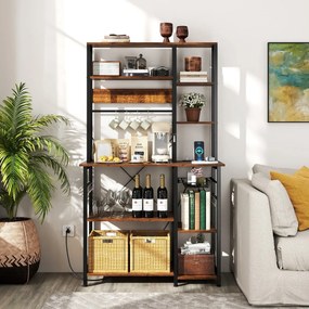 Estante de cozinha 99 × 40 × 170 cm com tomada elétrica com prateleiras abertas de madeira Ganchos e cesto Castanho rústico + preto