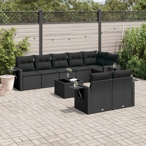 9 pcs conjunto de sofás p/ jardim c/ almofadões vime PE preto