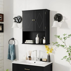 Armário de casa de banho de Parede 60 x 21 x 75 cm com 2 Portas com Prateleira Aberta e Ajustável Preto