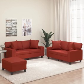 vidaXL 3 pcs conjunto sofás c/ almofadões couro artif. vermelho tinto