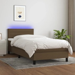 Cama box spring c/ colchão/LED 90x190 cm tecido castanho-escuro