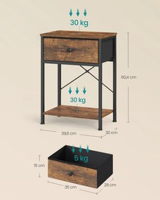 Mesa de cabeceira castanho vintage com tomada LED, 39,6 x 30 x 60,4 cm, 2 gavetas