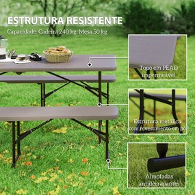 Conjunto de Campismo Dobrável de 3 Peças Inclui 1 Mesa 180x74x74 cm e 2 Bancos 182x28x42 cm Efeito Madeira Castanho