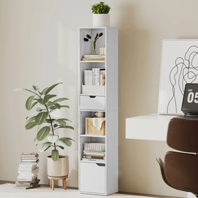 Estante para livros 30 x 24 x 158 cm, móvel de arrumação com gaveta, armário e compartimentos abertos, branco