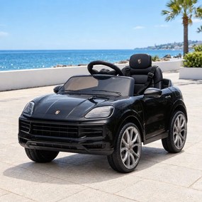 Carro elétrico para crianças Porsche Cayenne 12V com tração traseira – Licença oficial, bateria de lítio, comando remoto 2,4 GHz, leitor MP3, luzes LE