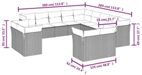 13 pcs conjunto sofás p/ jardim c/ almofadões vime PE cinzento