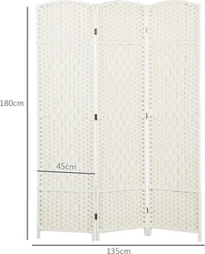 Biombo interior de madeira com 3 painéis 135 x 180 cm, divisória dobrável para sala ou quarto, branco