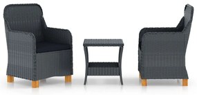 3 pcs conj. lounge jardim c/ almofadões vime PE cinzento-escuro