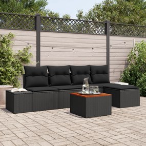 Conjunto de Sofá de Jardim de 6 Peças com Almofadas Pretas de Vime Acá