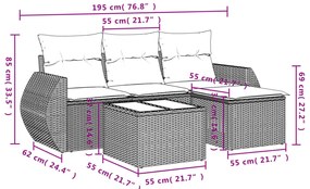 5 pcs conjunto sofás de jardim c/ almofadões vime PE cinzento