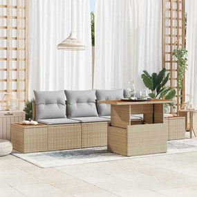 vidaXL Conjunto de Jantar de Jardim de 5 Peças com Almofadas Bege em Rattan Sintético e Acácia