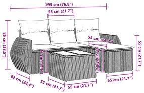 5 pcs conj. sofás jardim c/ almofadões vime PE cinzento-claro
