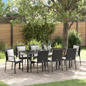 vidaXL Conjunto de Jantar de Jardim de 9 Peças com Almofadas Preto Rattan Sintético