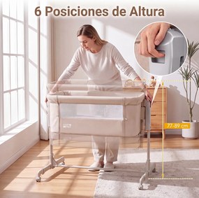 Berço para Bebés 3 em 1, 102 x 66,5 x 89 cm, Altura Regulável em 6 Níveis, Bege