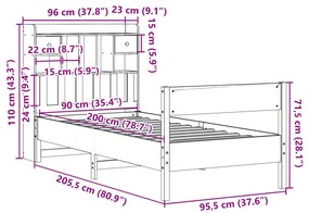 Cama com estante sem colchão 90x200cm pinho maciço castanho-mel