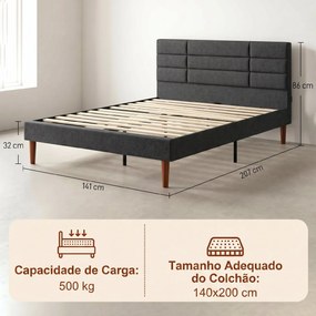 Cama Estofada 140x200 cm (COLCHÃO NÃO INCLUIDO) com Cabeceira Almofadada, Estrado de Ripas e Espaço Livre Inferior, Cinzento