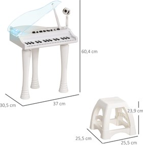 Piano Eletrónico para Crianças com 32 Teclas Microfone Luzes 22 Músicas 4 Tons e Volume Ajustável 37x30,5x60,4 cm Branco