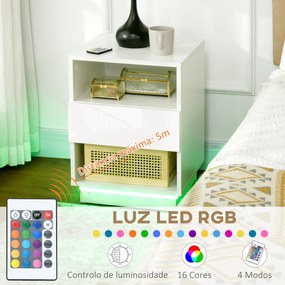 Mesa de Cabeceira Moderna com Luz LED Controlo Remoto Gaveta de Alto Brilho e 2 Prateleiras 40x40x55 cm Branco